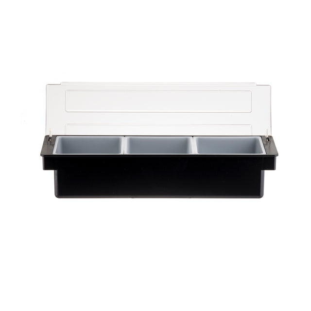 A rectangular black bar condiment holder with three gray 1 qt. inserts and a clear, hinged lid. The holder is shown against a plain white background. The lid is open and angled upward, revealing the empty, dishwasher safe compartments inside.