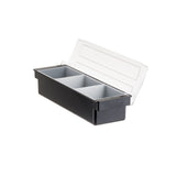 A rectangular black plastic bar condiment holder with three gray 1 qt. inserts and a clear hinged lid, photographed on a white background. The lid is open, revealing the empty, dishwasher safe compartments inside.