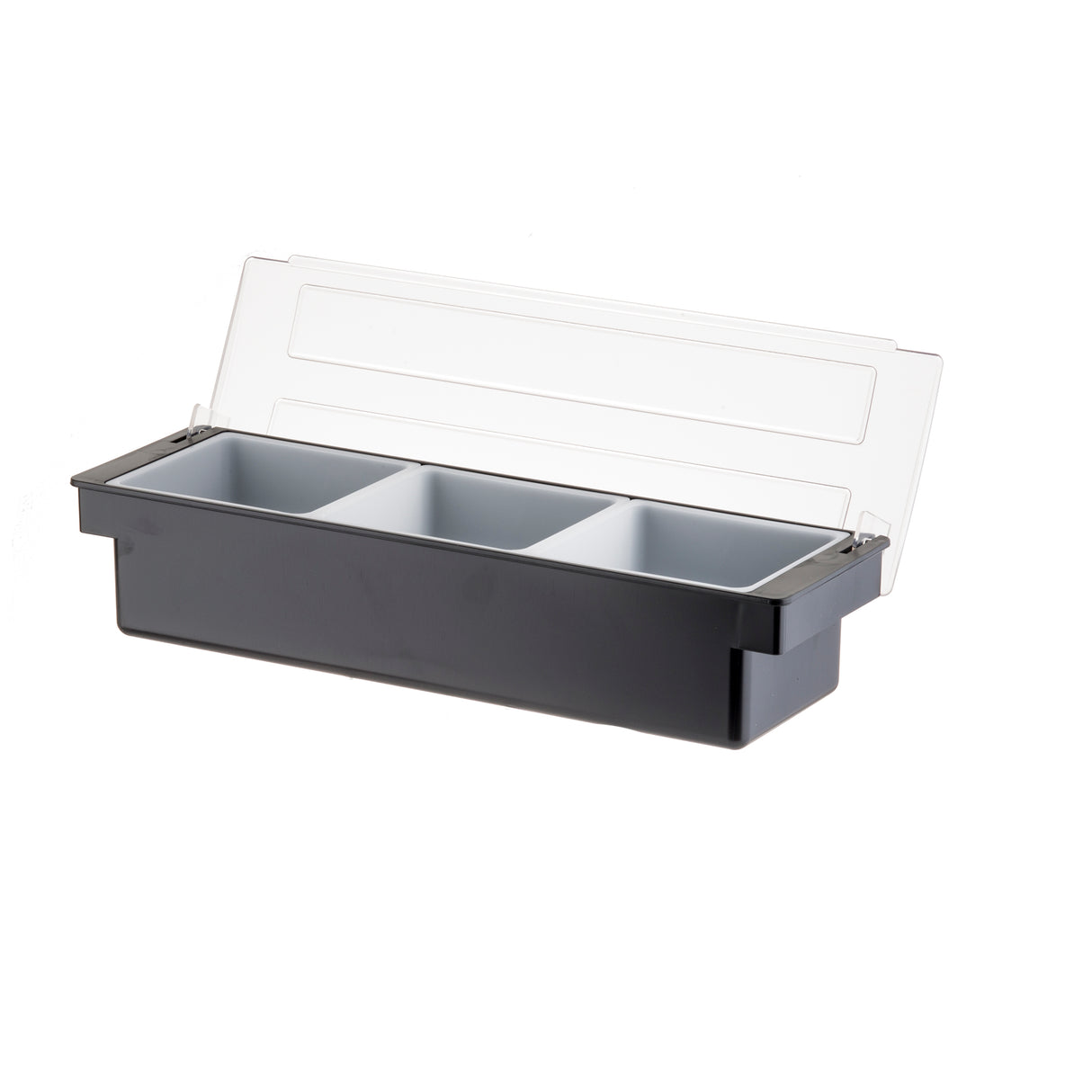 A rectangular black plastic bar condiment holder with three 1 qt. inserts and a clear hinged lid. The lid is open, showing empty compartments inside. The holder is placed against a plain white background and is dishwasher safe for easy cleaning.