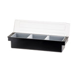 A black rectangular bar condiment holder with three separate 1 qt. inserts and a clear hinged lid, shown open. The empty holder is dishwasher safe and perfect for organizing condiments or garnishes in bars or kitchens.
