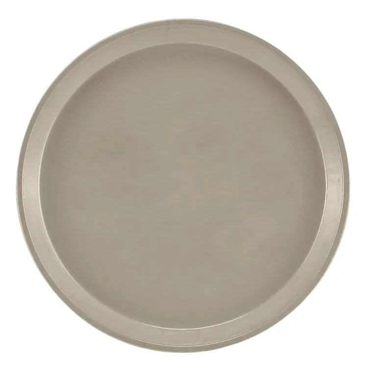 A plain, round, light gray fiberglass tray with a slightly raised edge, viewed from above against a white background. This Serving Camtray features a smooth, unadorned surface and boasts a simple, functional design that is also dishwasher safe.