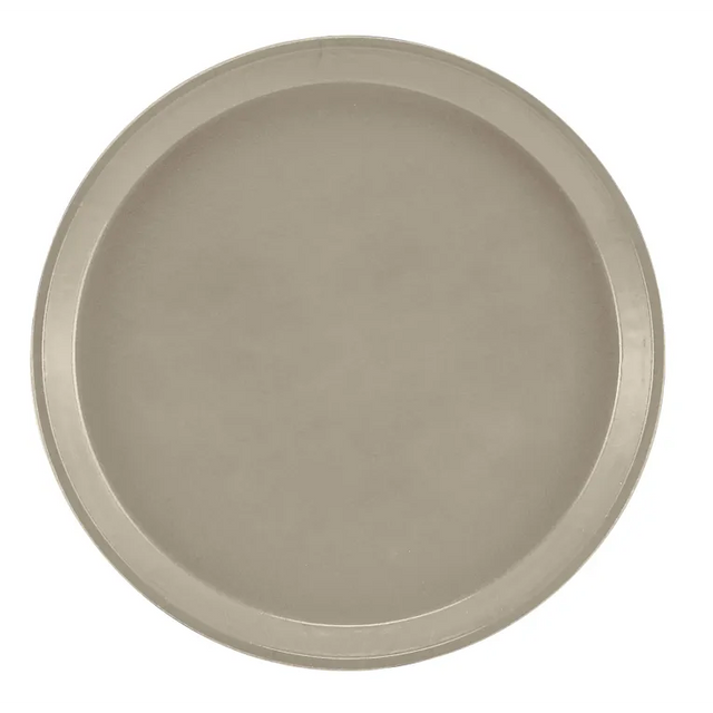 A round, flat, light gray fiberglass tray with a slightly raised edge, shown from a top-down view against a white background. The Serving Camtray’s smooth and unadorned surface gives it a simple and functional NSF-approved appearance.