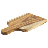 A rectangular bread board with a handle, made of light and dark acacia wood tones, is shown on a white background. The visible wood grain gives it a natural, rustic look. Rounded edges and a smooth finish complete this elegant cutting board.
