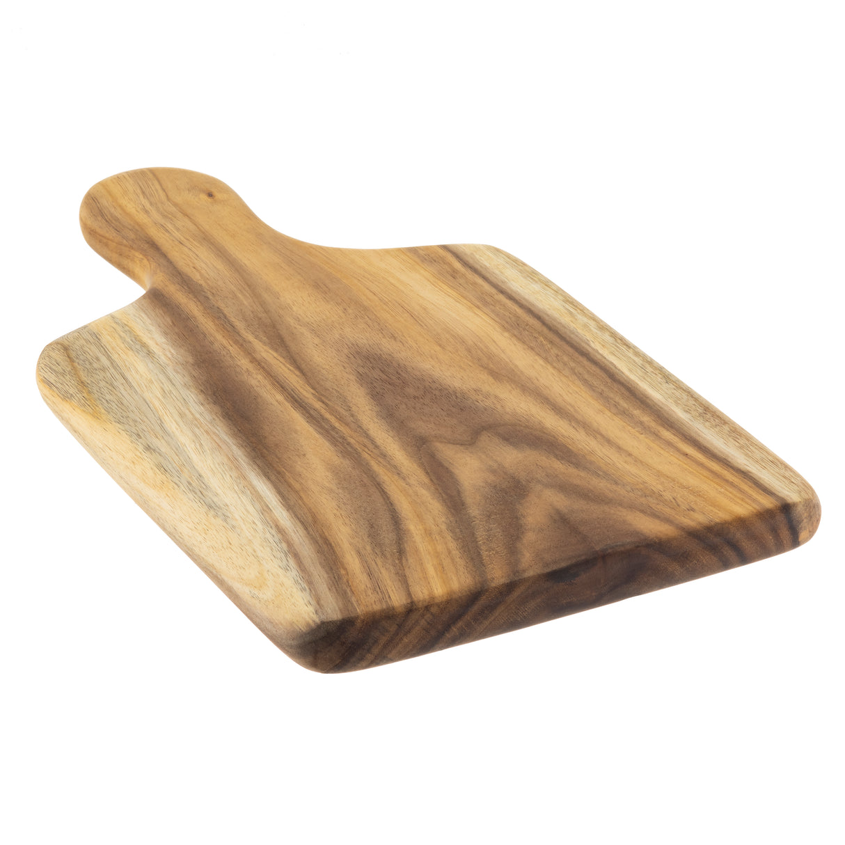 A rectangular TableCraft bread board with rounded edges and a short handle, crafted from natural acacia wood with light and dark brown grain patterns, is placed on a white background.