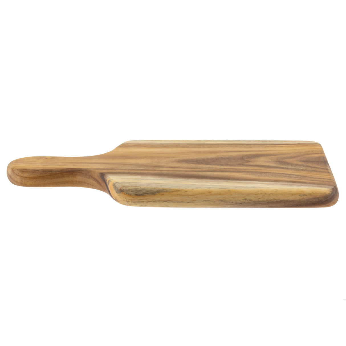 A rectangular TableCraft bread board made from acacia wood, with smooth, rounded edges and a handle on the left side. The visible wood grain shows light and dark brown streaks. The board is placed on a white background.