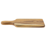 A rectangular TableCraft bread board made from acacia wood, with smooth, rounded edges and a handle on the left side. The visible wood grain shows light and dark brown streaks. The board is placed on a white background.