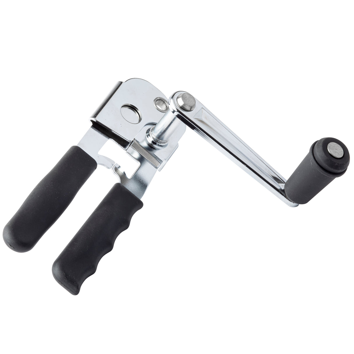 A chrome-plated can opener with two black, textured handles and a rotating crank handle. This crank style can opener features a cutting wheel and gripping gear for opening tin cans, with a black grip on the handle. Shown on a white background.