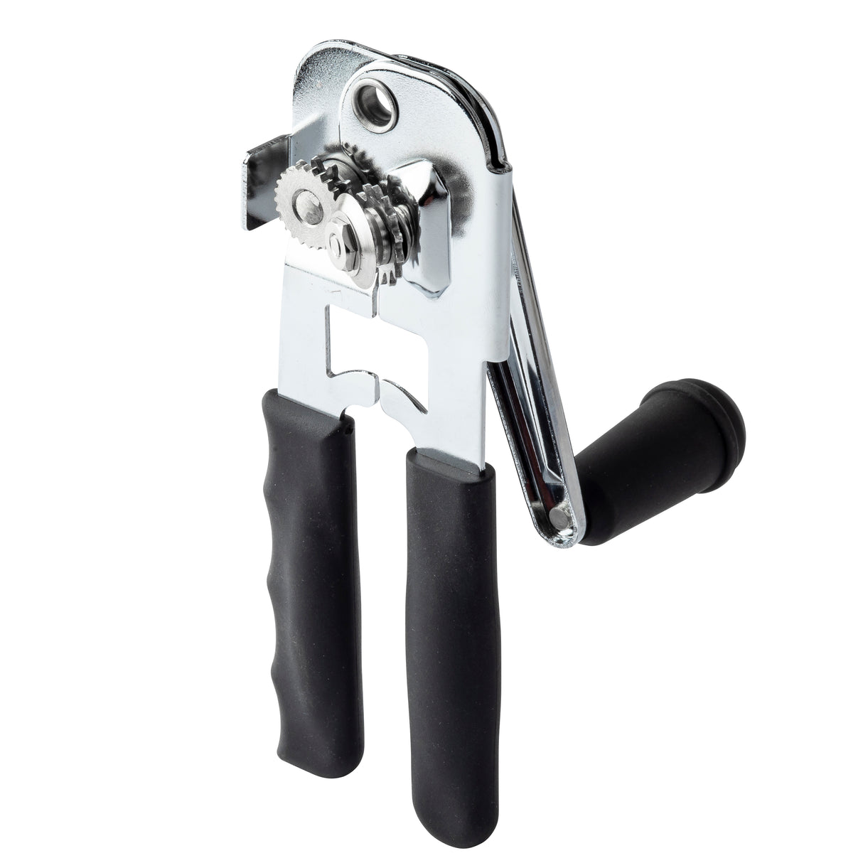 A chrome-plated can opener with black rubber-coated, contoured handles and a rotating crank-style knob stands upright. Its visible cutting blade and gear mechanism make it ideal for efficient commercial can opening.