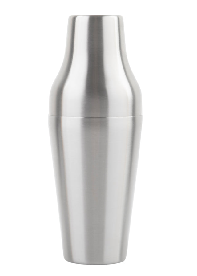 A 20 oz stainless steel cocktail shaker with a smooth, brushed finish is pictured upright against a plain white background. The shaker features a sleek, modern design with a slightly tapered base and a rounded top.