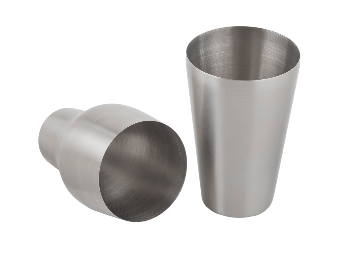 Two 20 oz stainless steel cocktail shaker cups are shown on a white background. One stands upright, while the other rests on its side, both featuring a brushed metal finish with smooth, shiny surfaces.