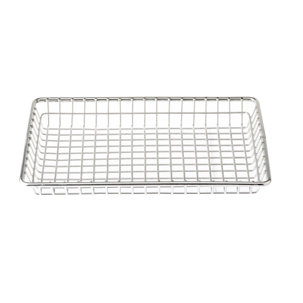 A rectangular TableCraft serving basket made of shiny stainless steel with a grid pattern on the base and sides. The empty basket is photographed on a white background.