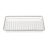 A rectangular TableCraft serving basket made of shiny stainless steel with a grid pattern on the base and sides. The empty basket is photographed on a white background.