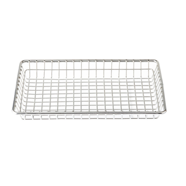 A rectangular TableCraft serving basket made of shiny stainless steel with a grid pattern on the base and sides. The empty basket is photographed on a white background.