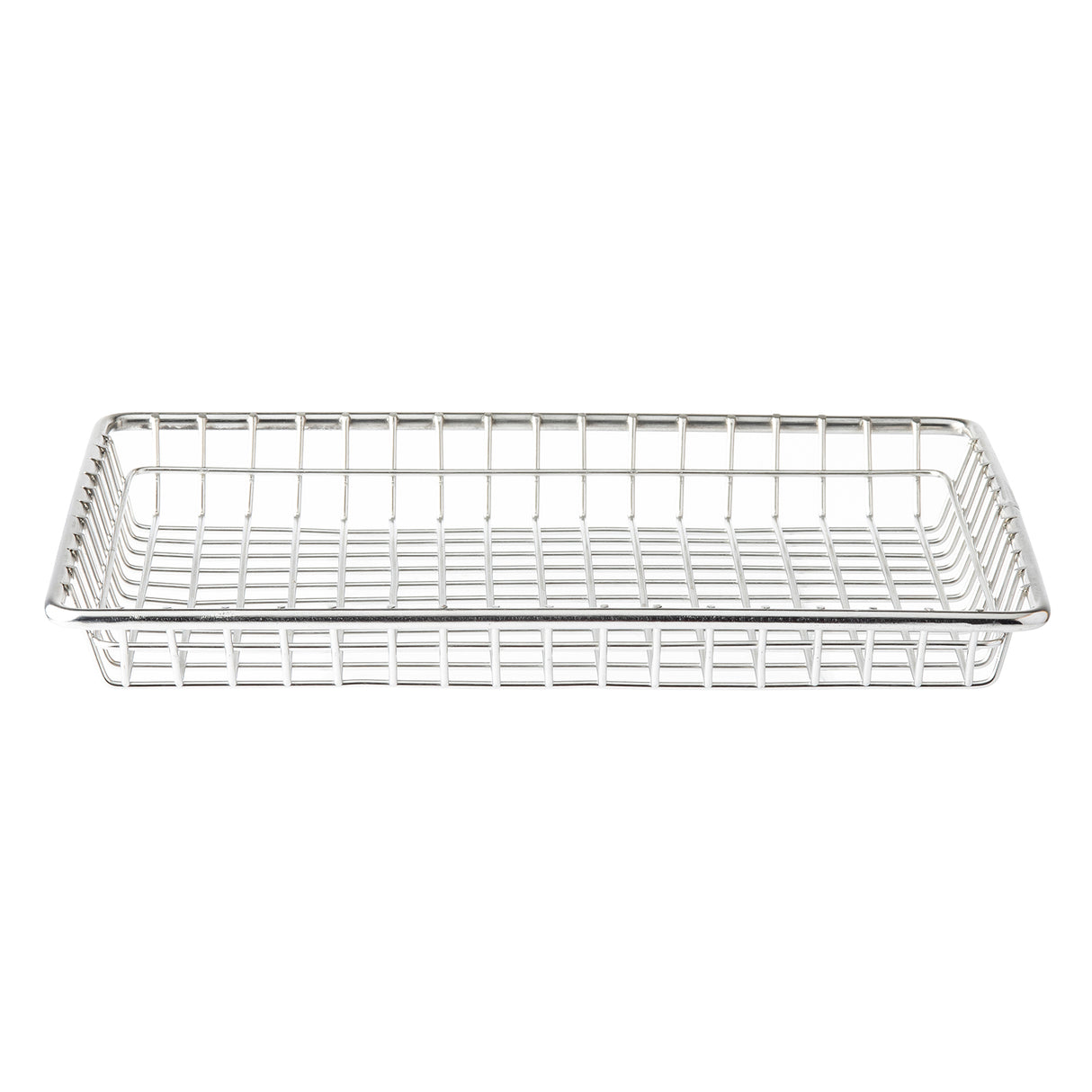 A rectangular, shallow serving basket made of shiny stainless steel. The grid-like structure features open squares with slightly upward-curved edges. This TableCraft basket is empty and set against a plain white background.