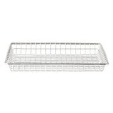 A rectangular, shallow serving basket made of shiny stainless steel. The grid-like structure features open squares with slightly upward-curved edges. This TableCraft basket is empty and set against a plain white background.