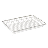 A rectangular TableCraft serving basket with a grid pattern, made of shiny stainless steel. The sides are slightly angled outward, and the reinforced edges add durability. Its open structure and lightweight design make it perfect for stylish food presentation.