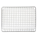 A rectangular TableCraft stainless steel wire cooling rack with a grid pattern and raised edges, viewed from above on a white background. The rack is empty and ideal for cooling baked goods or as a versatile serving basket in the kitchen.