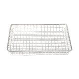 A rectangular wire basket made of stainless steel with a grid pattern on the base and sides, shown on a white background. The basket has a shallow depth and open structure for ventilation or draining.