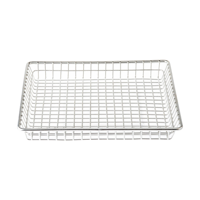 A rectangular wire basket made of stainless steel with a grid pattern on the base and sides, shown on a white background. The basket has a shallow depth and open structure for ventilation or draining.