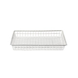 A rectangular stainless steel wire basket with a grid pattern, featuring straight sides and an open top. This serving basket is silver-colored, empty, and displayed against a white background.