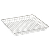 A rectangular stainless steel wire basket with a grid pattern on the base and sides, featuring straight sides and slightly rounded corners; the serving basket is empty and placed against a white background.