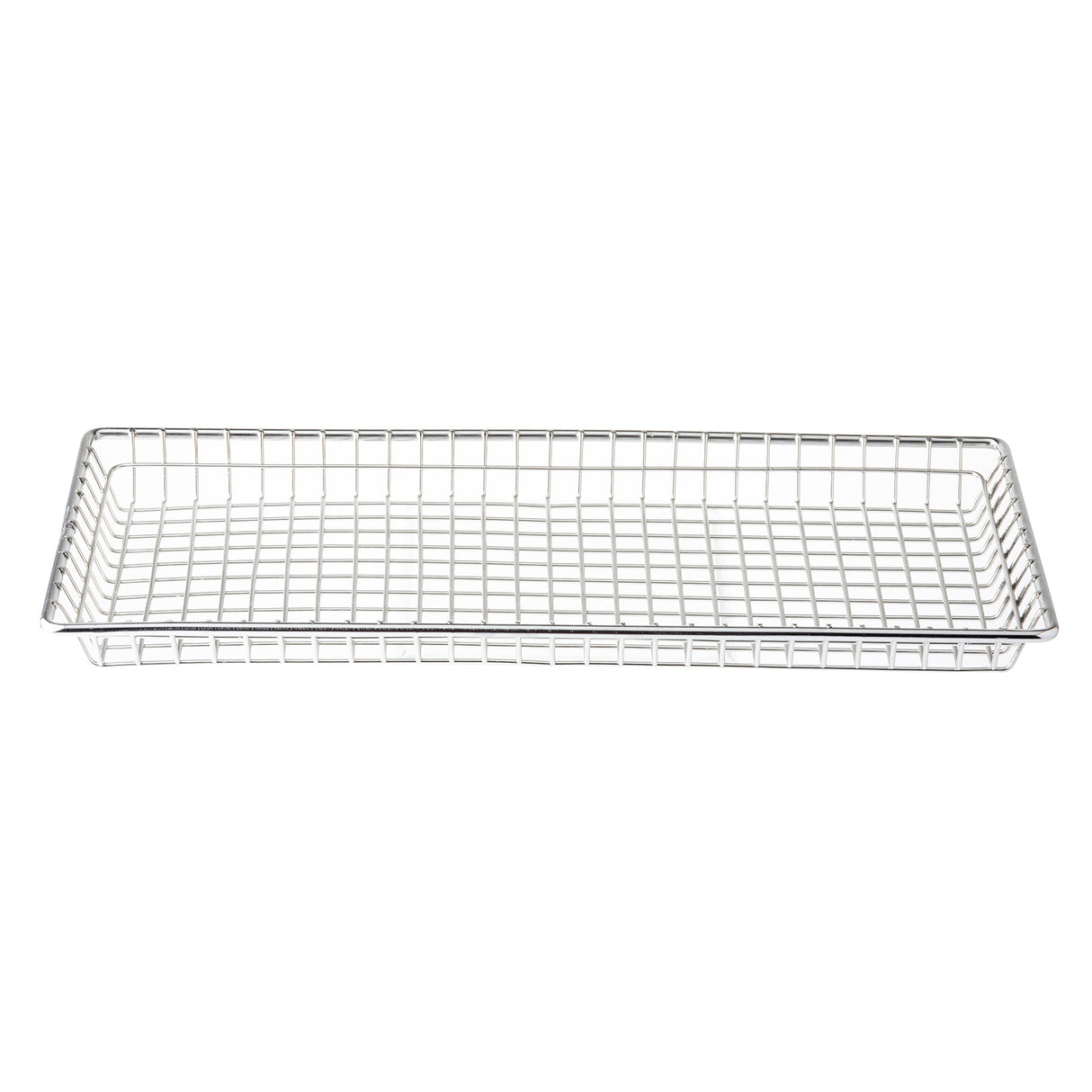 A rectangular serving basket made of stainless steel with a shallow, grid-patterned mesh. The thin metal wires form the sides and base. The empty basket is isolated on a white background.