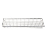 A rectangular serving basket made of stainless steel with a shallow, grid-patterned mesh. The thin metal wires form the sides and base. The empty basket is isolated on a white background.