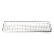 A rectangular serving basket made of stainless steel with a shallow, grid-patterned mesh. The thin metal wires form the sides and base. The empty basket is isolated on a white background.