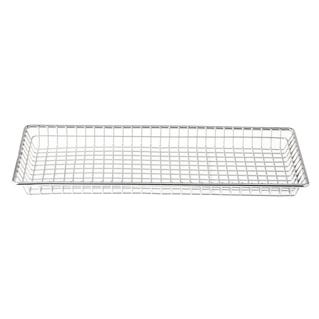 A rectangular serving basket made of stainless steel with a shallow, grid-patterned mesh. The thin metal wires form the sides and base. The empty basket is isolated on a white background.