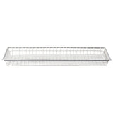 A rectangular, shallow serving basket made of stainless steel with a silver grid pattern. The basket has straight sides, an open top, and a flat base, with no handles or extra features. The background is plain white.