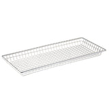 A rectangular stainless steel serving basket with a grid-like pattern and slightly raised edges. Silver in color, it sits empty on a plain white background, ideal for organizing or serving items stylishly.