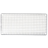 A rectangular stainless steel cooling rack with a grid pattern and raised edges is seen from above. Evenly spaced horizontal and vertical wires form square openings throughout. The rack rests on a plain white background.