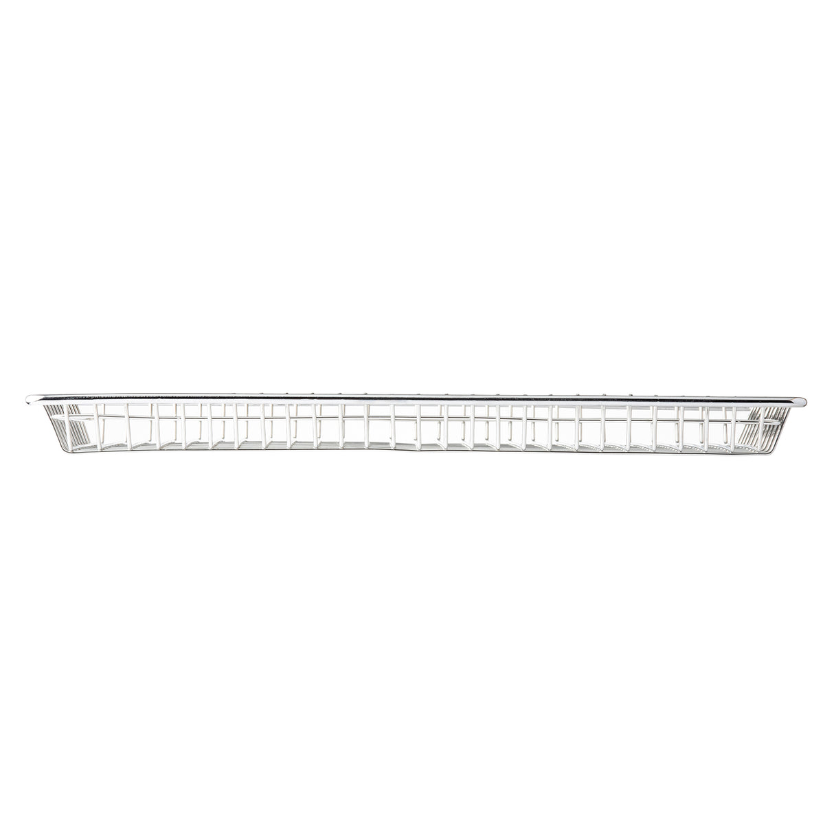 A single rectangular stainless steel wire shelf, viewed from the front at eye level. The shelf features an open grid pattern and slightly curved sides, designed for wall mounting and storage. The background is plain white.