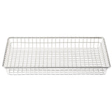 A rectangular, stainless steel serving basket with a grid pattern and raised edges. The basket is empty and placed against a plain white background, featuring sturdy construction with evenly spaced squares on the sides and bottom.