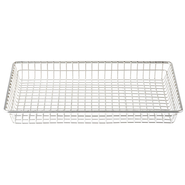 A rectangular, stainless steel serving basket with a grid pattern and raised edges. The basket is empty and placed against a plain white background, featuring sturdy construction with evenly spaced squares on the sides and bottom.