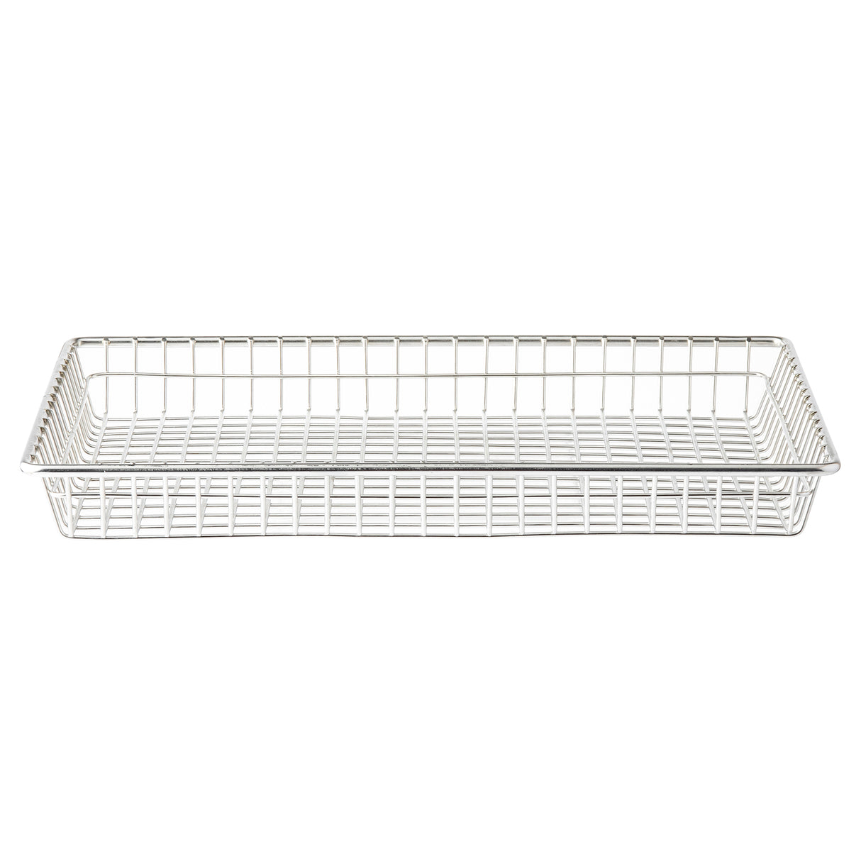 A rectangular stainless steel serving basket with a grid pattern on the sides and bottom, photographed against a plain white background. Its minimalist, open structure allows for excellent visibility and airflow through the mesh-like design.