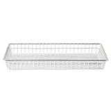 A rectangular stainless steel serving basket with a grid pattern on the sides and bottom, photographed against a plain white background. Its minimalist, open structure allows for excellent visibility and airflow through the mesh-like design.