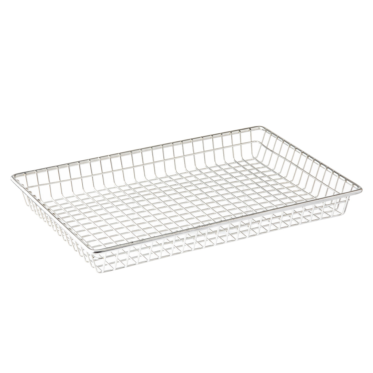 A rectangular stainless steel serving basket with a grid-patterned base and sides. The silver, shallow basket sits on a white background, and its open design ensures excellent visibility and ventilation for contents.