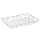 A rectangular stainless steel serving basket with a grid-patterned base and sides. The silver, shallow basket sits on a white background, and its open design ensures excellent visibility and ventilation for contents.