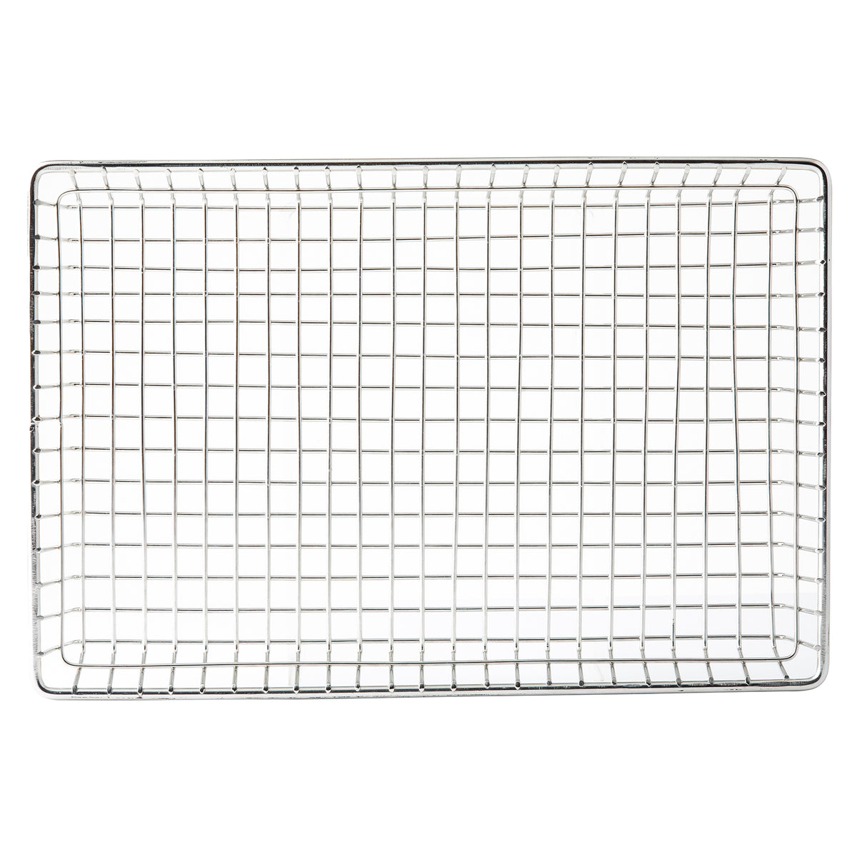 A rectangular stainless steel cooling rack with a grid pattern, viewed from above. The rack features straight edges and evenly spaced wires forming square openings, ideal for baking or cooking to allow air circulation around food.