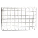 A rectangular stainless steel cooling rack with a grid pattern, viewed from above. The rack features straight edges and evenly spaced wires forming square openings, ideal for baking or cooking to allow air circulation around food.