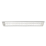 A rectangular stainless steel serving basket is shown from the side against a white background. The basket is shallow and features a grid pattern with open spaces, allowing visibility and airflow for stored items.