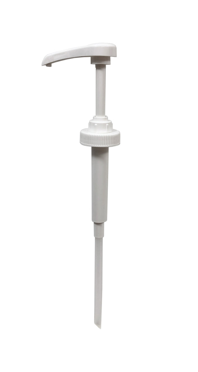 A white plastic standard pump dispenser with a long nozzle and ribbed collar, shown against a plain white background. This 1/4 oz pump is designed for dispensing liquid soap, lotion, or sanitizer and is photographed from the side to display its full length.