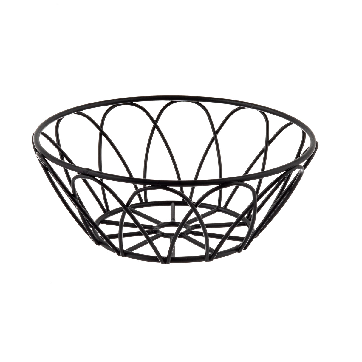 A round, black powder coat metal basket with an open, curved design. This serving basket features a wide top narrowing toward the base, with arched wires creating a decorative look and a flat bottom supported by radial wires.