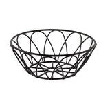 A round, black powder coat metal basket with an open, curved design. This serving basket features a wide top narrowing toward the base, with arched wires creating a decorative look and a flat bottom supported by radial wires.