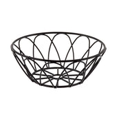 A round, black powder coat metal basket with an open, curved design. This serving basket features a wide top narrowing toward the base, with arched wires creating a decorative look and a flat bottom supported by radial wires.