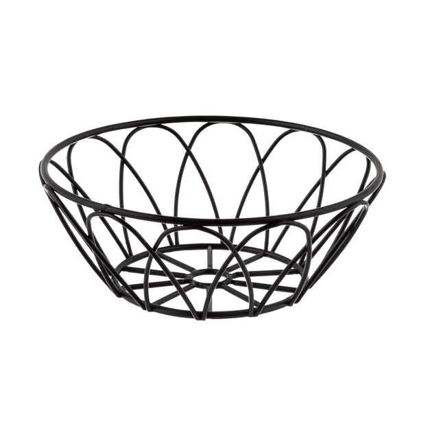 A round, black powder coat metal basket with an open, curved design. This serving basket features a wide top narrowing toward the base, with arched wires creating a decorative look and a flat bottom supported by radial wires.