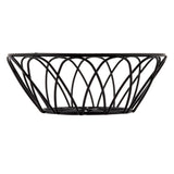 A black wire serving basket with an open, geometric design. This round metal basket features crisscrossing wires and a sleek black powder coat finish, creating an airy, modern look against a plain white background.