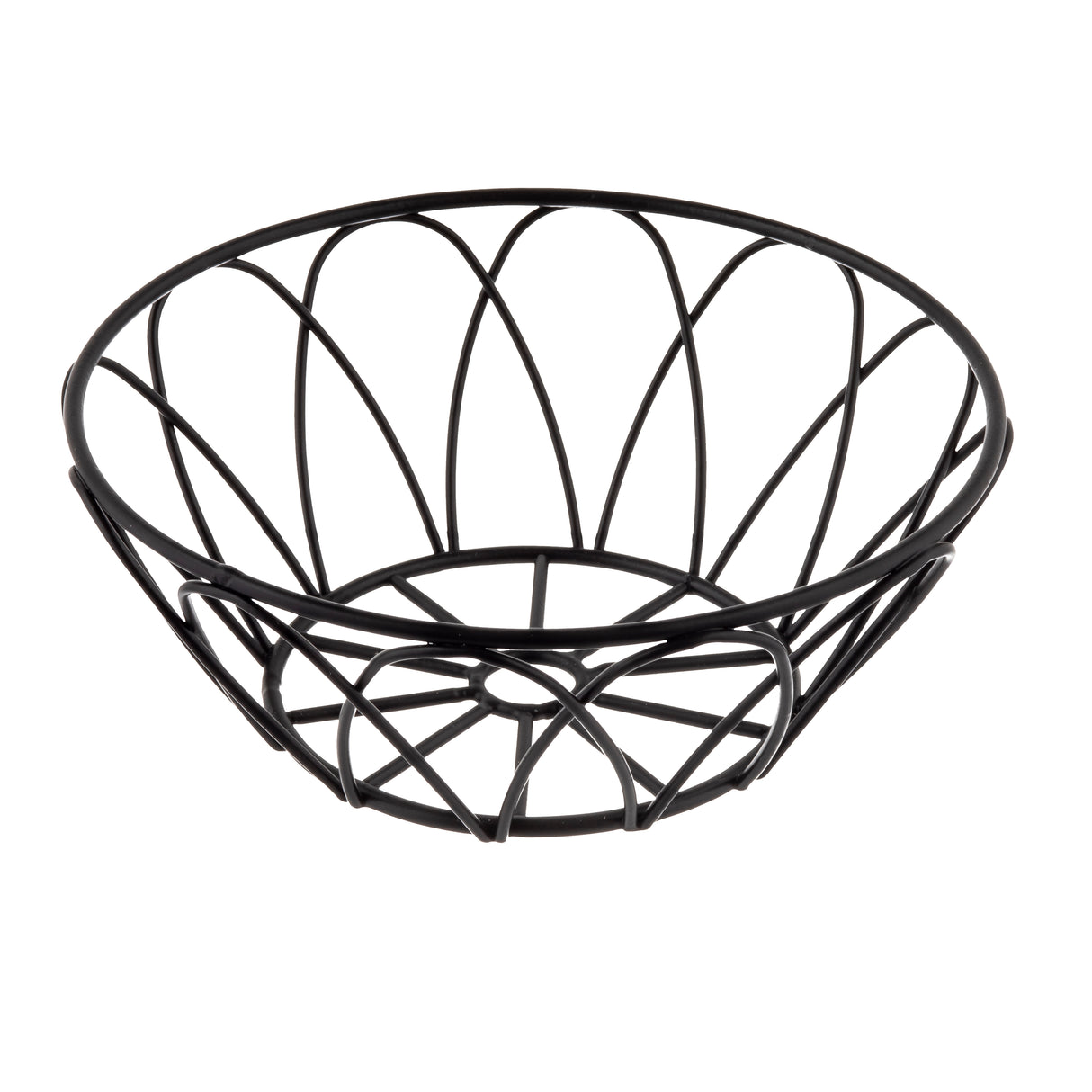 A round, black powder coat metal basket with an open, crisscross design. The serving basket features a circular base and flared sides, creating a decorative pattern. It is empty and photographed on a white background.