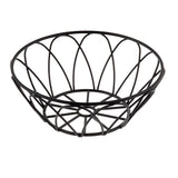 A round, black powder coat metal basket with an open, crisscross design. The serving basket features a circular base and flared sides, creating a decorative pattern. It is empty and photographed on a white background.